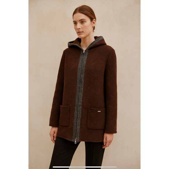 GEIGER BOILED WOOL COAT HOOD FULL 2-WAY ZIP POCKETS CLASSIC CHIC BROWN 38 (6-8) - Picture 1 of 10